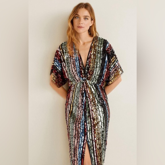 Mango Dresses & Skirts - NWT MNG Multicolor Sequin Plunge V-Neck Slit Dress